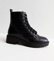 New Look Black Faux Croc Lace Up Chunky Biker Boots